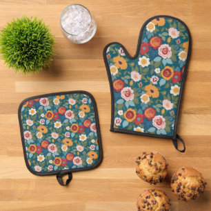 Boho Florals in Retro-Farben Ofenhandschuh & Topflappen-Set