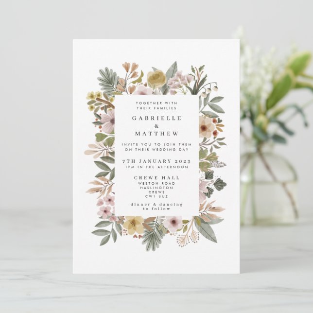 Boho Florals neutrale Einladung zur Hochzeit (Stehend Vorderseite)