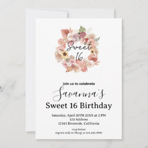 Boho Florals Personalisierter Geburtstag Sweet 16 Einladung