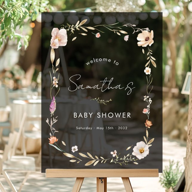 Boho Flower Baby Shower Acrylschild (Boho Flower - Baby Shower Custom Welcome Acrylic Sign with your Name & Date. For Baby Girl & Boy)