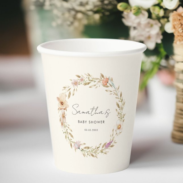 Boho Flower Baby Shower Pappbecher (Custom Boho Flower Baby Shower Paper Cups with your Name & Date. For Baby Girl, Baby Boy.)