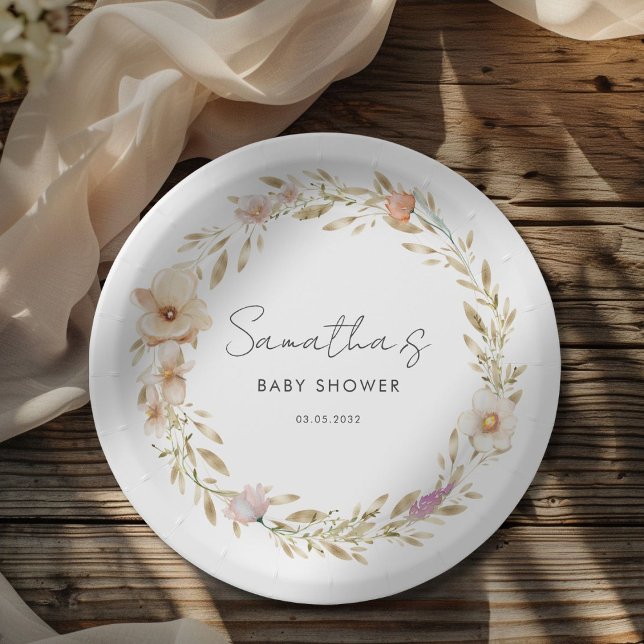 Boho Flower Baby Shower Pappteller (Boho Flower Baby Shower Pastel - White Custom Paper Plates with your Name & Date.)