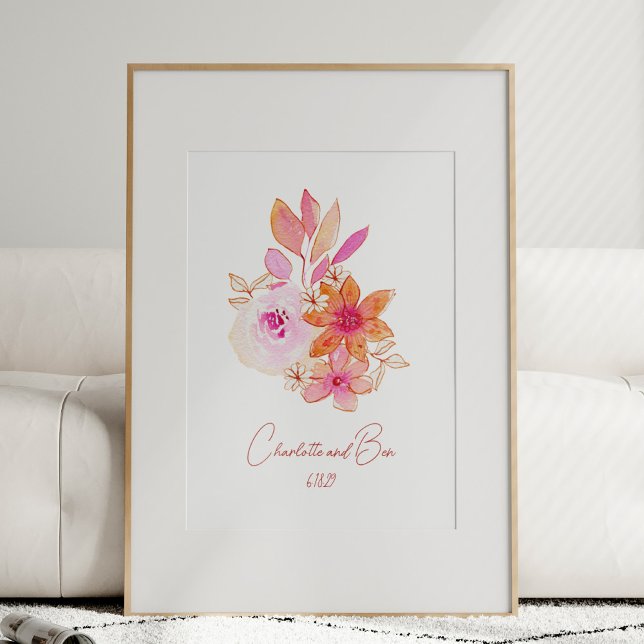 Boho Flower Pink Watercolor Personalized Wedding Poster (Von Creator hochgeladen)
