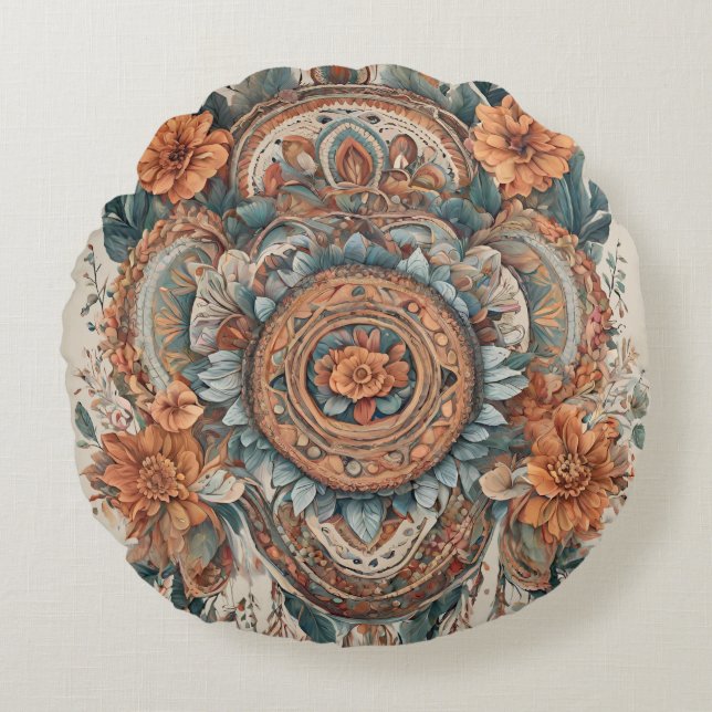Boho Flowers Art moderne Coussin rond (Devant)