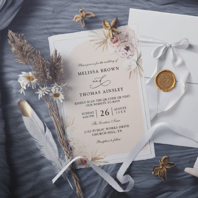 Boho Flowers Elegant Modern Budget QR Code Wedding Einladung (Von Creator hochgeladen)