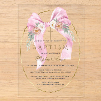 Boho Flowers Pink Bow Girl Baptism Transparent   Acryleinladungen