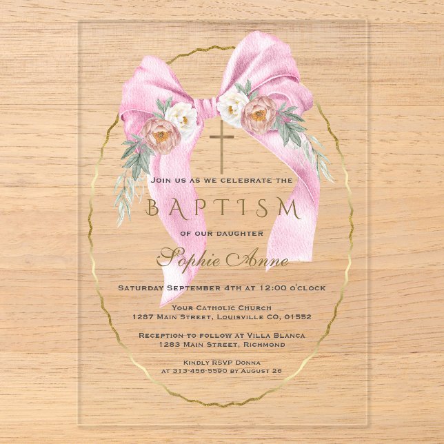 Boho Flowers Pink Bow Girl Baptism Transparent   Acryleinladungen (Vorderseite)