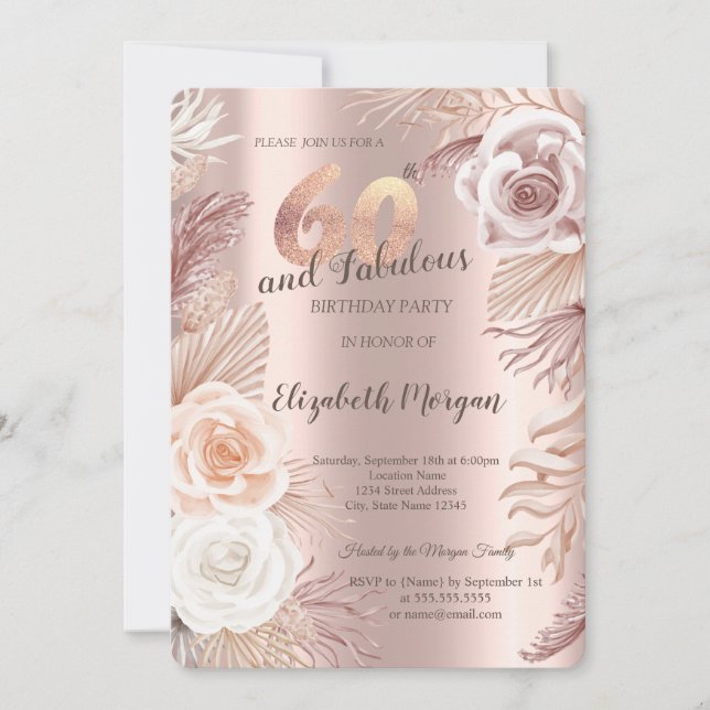 Boho Flowers Rose Gold 60e anniversaire Invitation (Devant)