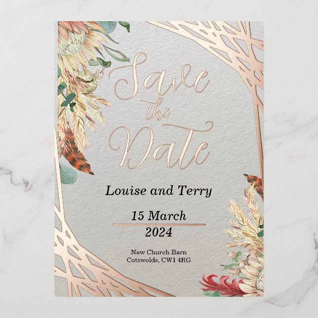 Boho & Foil Save the Date Folie Einladungspostkarte (Vorderseite)