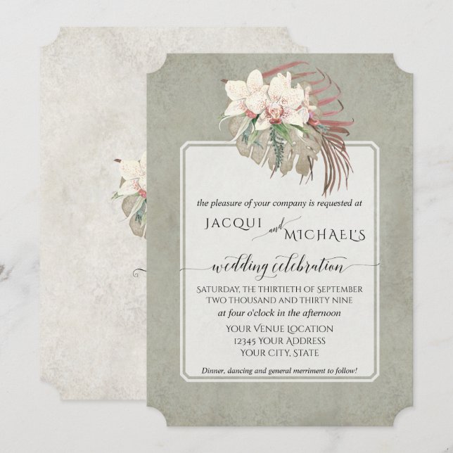 BOHO Foliage Sage Green White Orchid Floral Jungle Einladung (Vorne/Hinten)