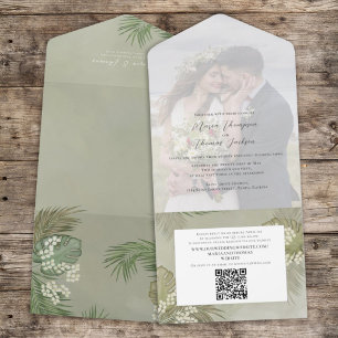 Boho Foliage Tropical Palm Blätter Foto QR Code All In One Einladung