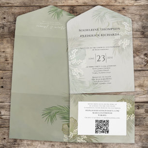 Boho Foliage Tropical Palm Blätter Haushalt QR Cod All In One Einladung