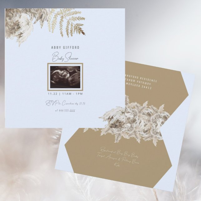 Boho Foliage Ultrasound Blue Baby Dusche Einladung (Von Creator hochgeladen)