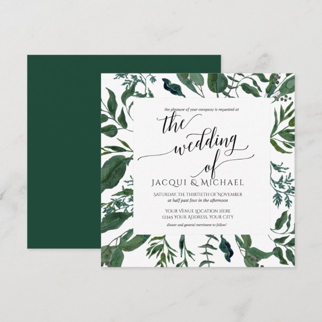 BOHO Foliage Wedding Watercolor Wreath | Quadrat Einladung (Vorne/Hinten)