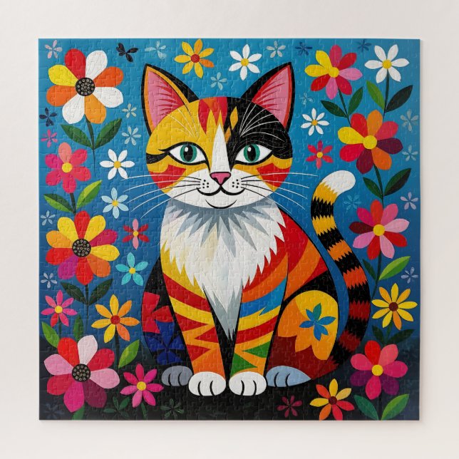 Boho Folk Art Cat, Flowers & Butterfly   (Vertikal)