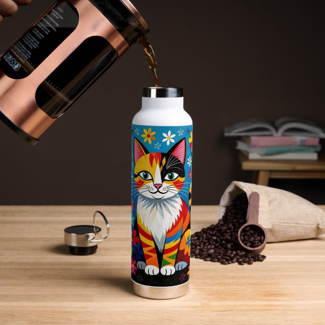 Boho Folk Art Cat, Flowers & Butterfly   Trinkflasche (Kaffee (gedreht))