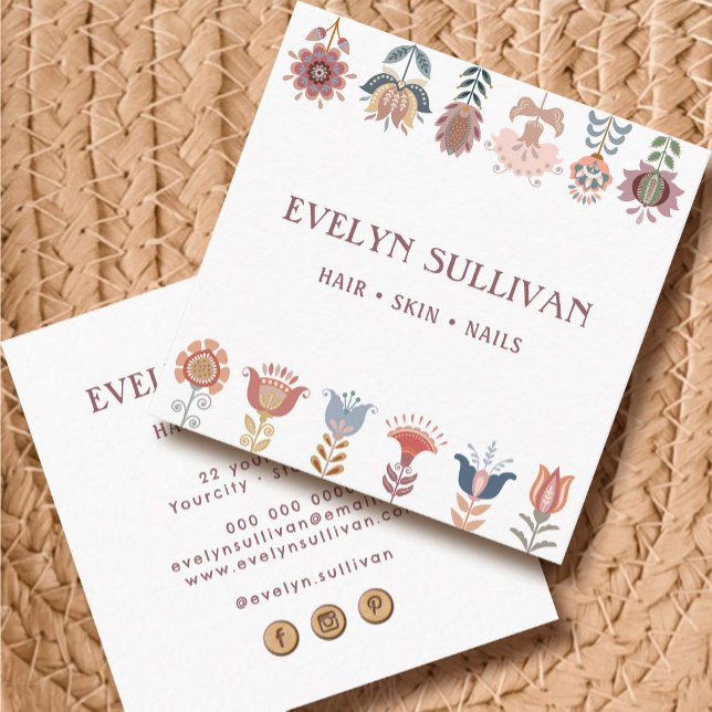 boho folk art fleurs carré carte de visite (Créateur téléchargé)