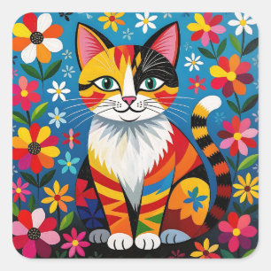 Boho-Folk-Art-Katze, Blumen & Schmetterling   Quadratischer Aufkleber