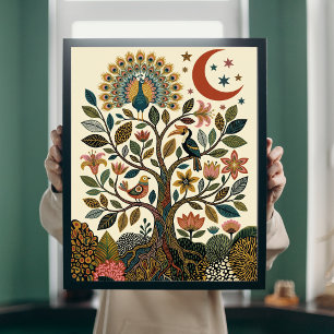 Boho-Folk-Art-Lebensbaum-Pfau-Himmels-Poster Poster