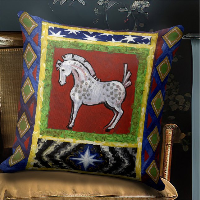 Boho Folk Art Russian Horse Hütte Kissen (Von Creator hochgeladen)