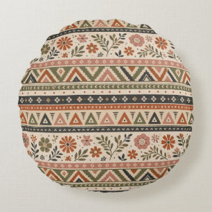 Boho-Folk-Blumen-Geometrisches Nahtloses Muster Rundes Kissen
