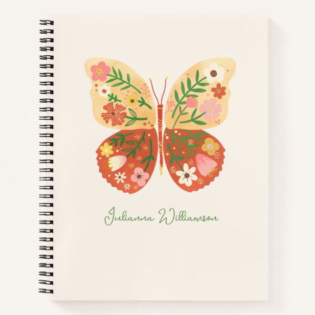 Boho Folk Floral Butterfly Personalized Name Notizbuch (Vorderseite)
