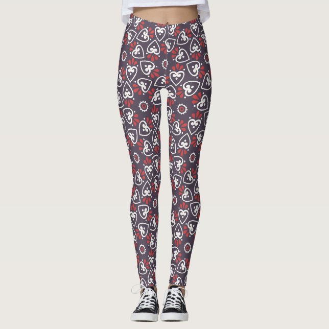Boho Folk Hearts Pattern Tile Leggings (Vorderseite)