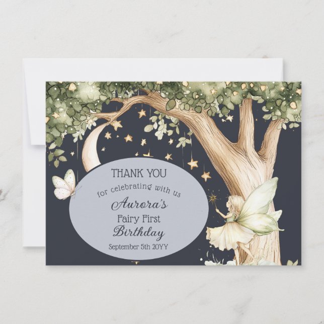 Boho forest watercolor Fairy First birthday Dankeskarte (Vorderseite)