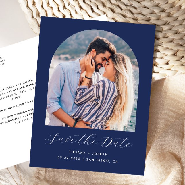Boho Foto Arch Navy Blau Save the Date Postkarte (Von Creator hochgeladen)