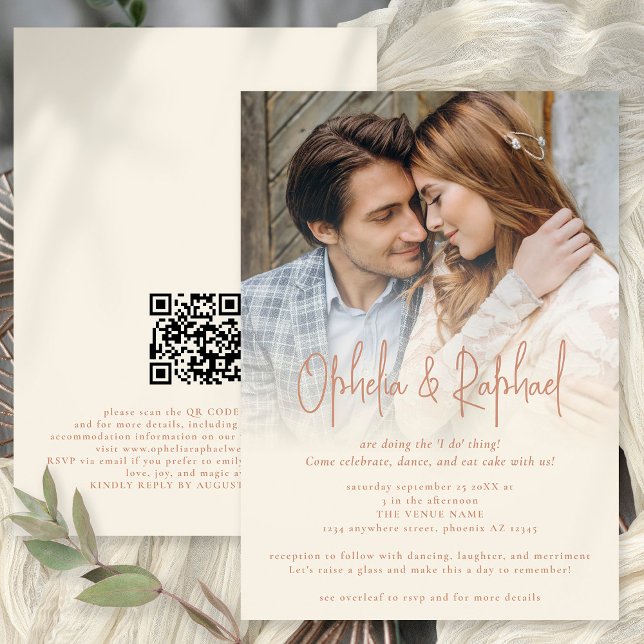 Boho Foto Overlay QR Terracotta Creme Wedding Einladung (Front and Back View. Available digtally or printed)
