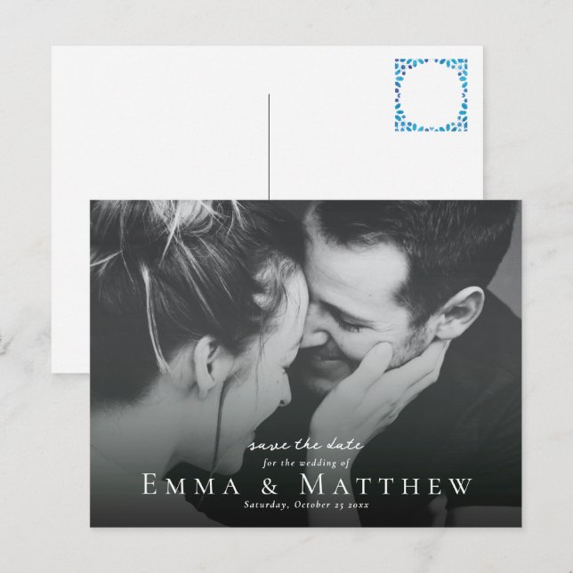 Boho Foto Save the Date mit marokkanischer Blue Ti Postkarte (Vorne/Hinten)