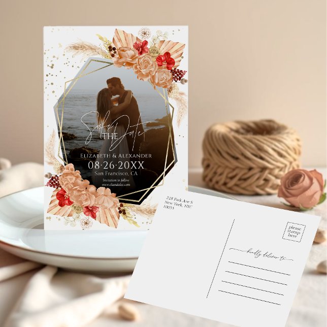 Boho Foto | Terracotta Wedding Save the Date Postkarte (Von Creator hochgeladen)