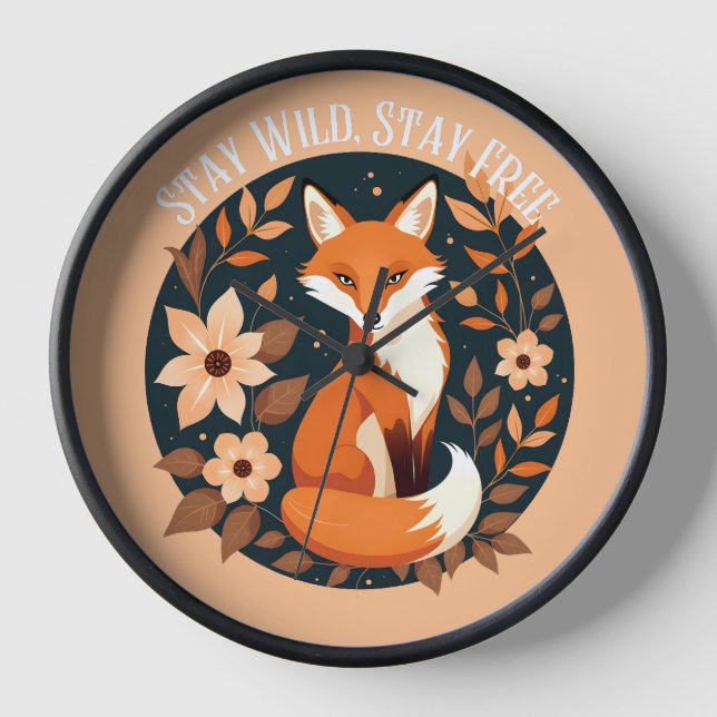 Boho Fox "Bleibe Wild, Bleibe frei" Holzdesign Uhr (Vorderseite)