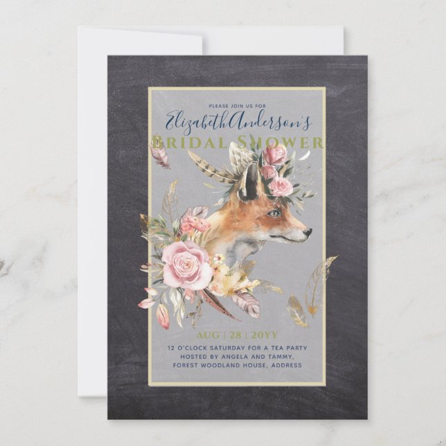 Boho FOX Brautparty Woodland Feathers Floral Einladung (Vorderseite)