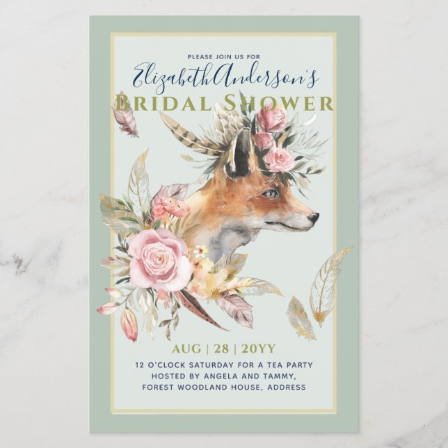 Boho FOX Brautparty Woodland Feathers Floral Flyer (Vorne)