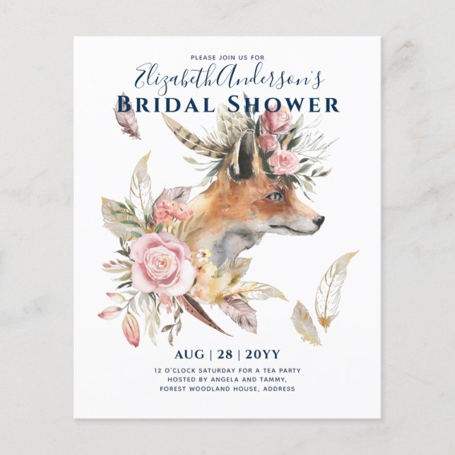 Boho FOX Brautparty Woodland Feathers Floral Flyer (Vorne)