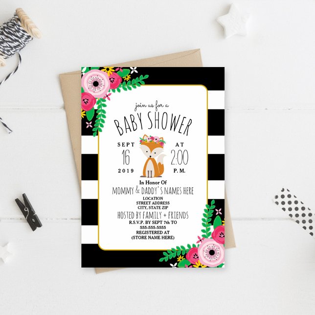 Boho Fox noir + blanc Baby shower Invitation (Créateur téléchargé)