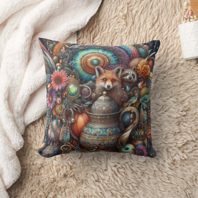 Boho Fox Raccoon Floral Design Kissen (Decke)