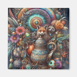 Boho Fox Raccoon Floral Design Magnet