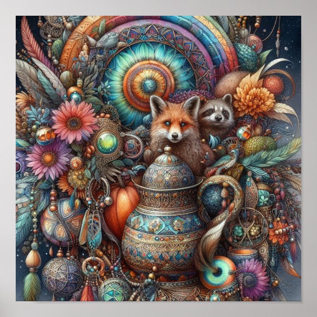 Boho Fox Raccoon Floral Design Poster (Vorne)