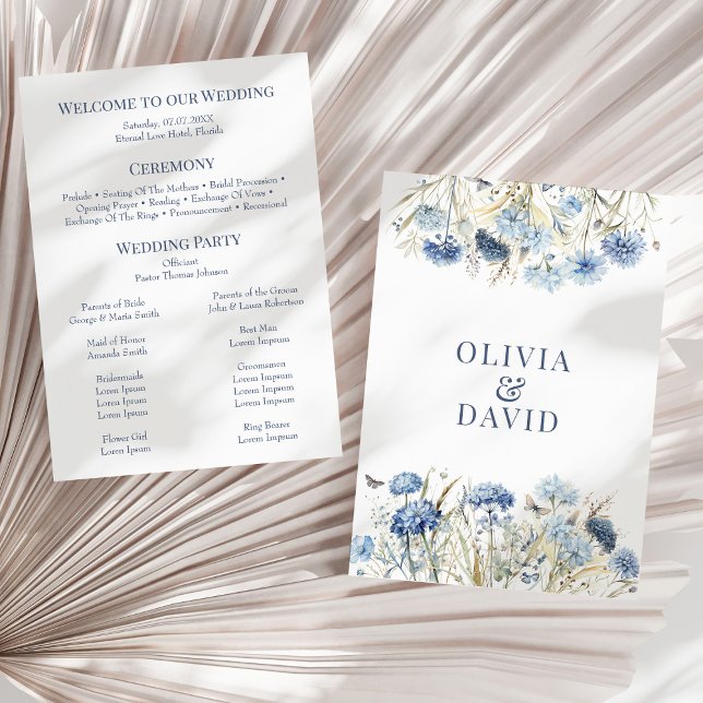 Boho French Blue Wildblume Meadow Wedding Program Einladung (Boho French Blue Wildflower Meadow Wedding Program on a sunny dry palm leaf.)