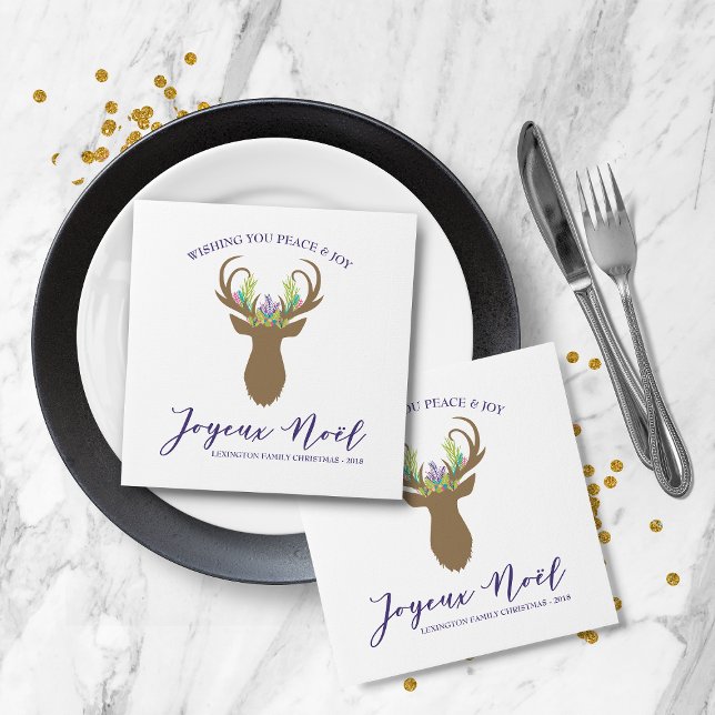 Boho French Christmas Reindeer Joy Weihnachten Typ Serviette (Boho French Christmas Reindeer Joy Noel Typography Napkins)