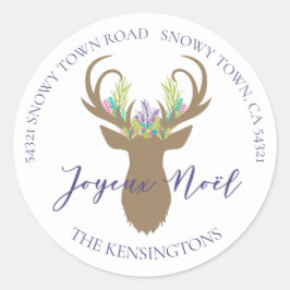 Boho French Christmas Reindeer Typografy Address Runder Aufkleber