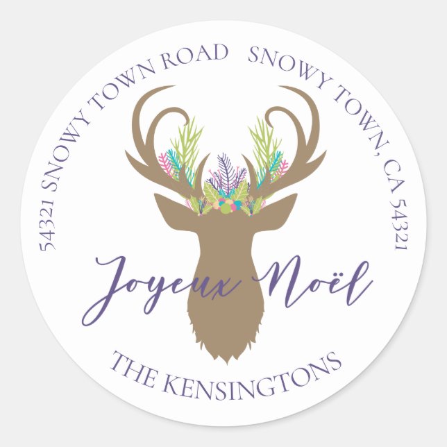 Boho French Christmas Reindeer Typografy Address Runder Aufkleber (Vorderseite)