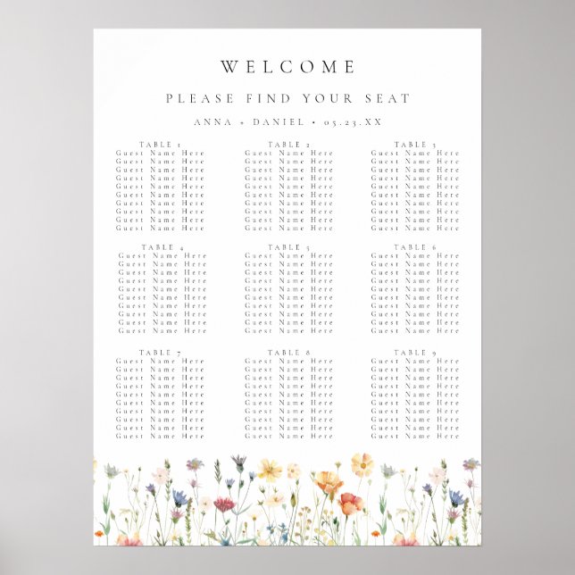 Boho-Frühjahrs-Wildblumen-Hochzeit-Sitzplan Poster (Vorne)