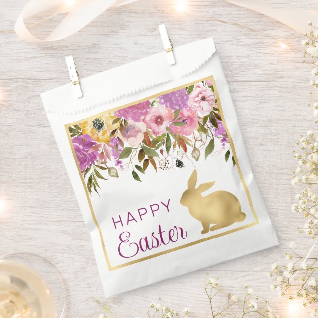 Boho Frühlingsblumen und Gold Bunnies Happy Oaster Geschenktütchen (Ausgeschnitten)