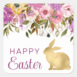 Boho Frühlingsblumen und Gold Bunnies Happy Oaster Quadratischer Aufkleber