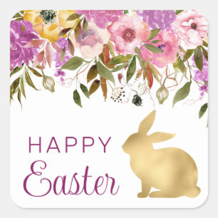 Boho Frühlingsblumen und Gold Bunnies Happy Oaster Quadratischer Aufkleber