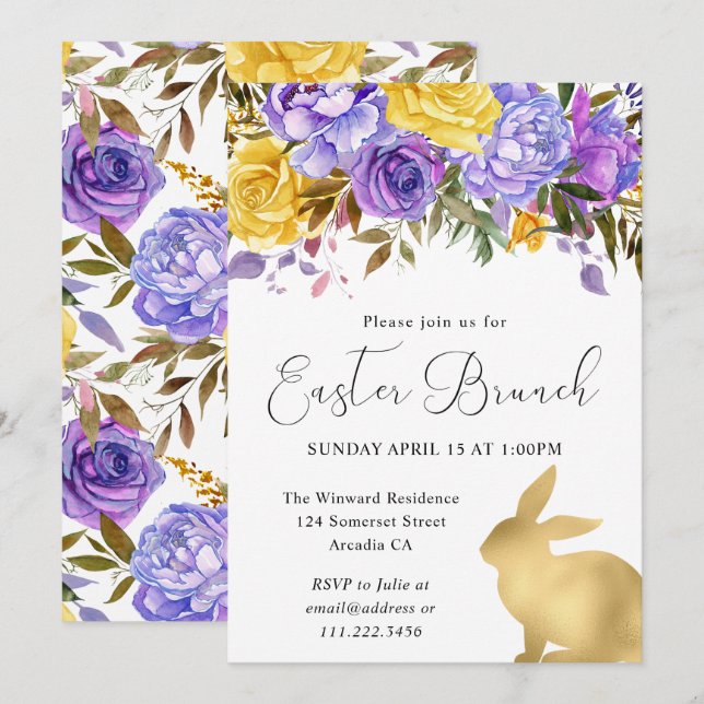 Boho Frühlingsblumen und Gold Bunnies Osterbrunch Einladung (Vorne/Hinten)