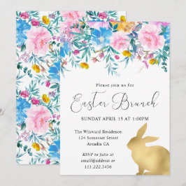 Boho Frühlingsblumen und Gold Bunnies Osterbrunch Einladung